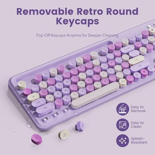 Image of Wireless Keyboard and Mouse Combo, Retro Round Keycaps, Full-Size Stylish Typewriter Keyboard with Large Phone /Tablet Holder, 3-Level DPI Ergonomic Mouse, 2.4GHz Cordless for Windows PC, Lavender Mist