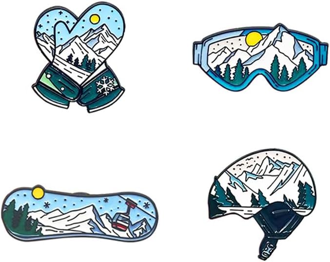 4 PCS Skiing Sport Series Pin Set, Winter Snow Mountain Alloy Brooch Accessories for Backpack, Jacket, Hat, Gift for Ski Lovers