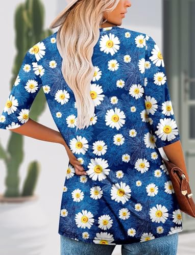 KISSMODA Tunic Tops for Women Loose Fit Dressy Round Neck Pleated 3/4 Length Sleeve Spring Tops