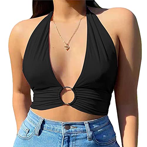 OOTaoper Women s Halter Wrap Y2K Crop Top Lace Up Metal Front Solid Strappy Self-Tie Backless Cami Tank Tops (Small,Black)