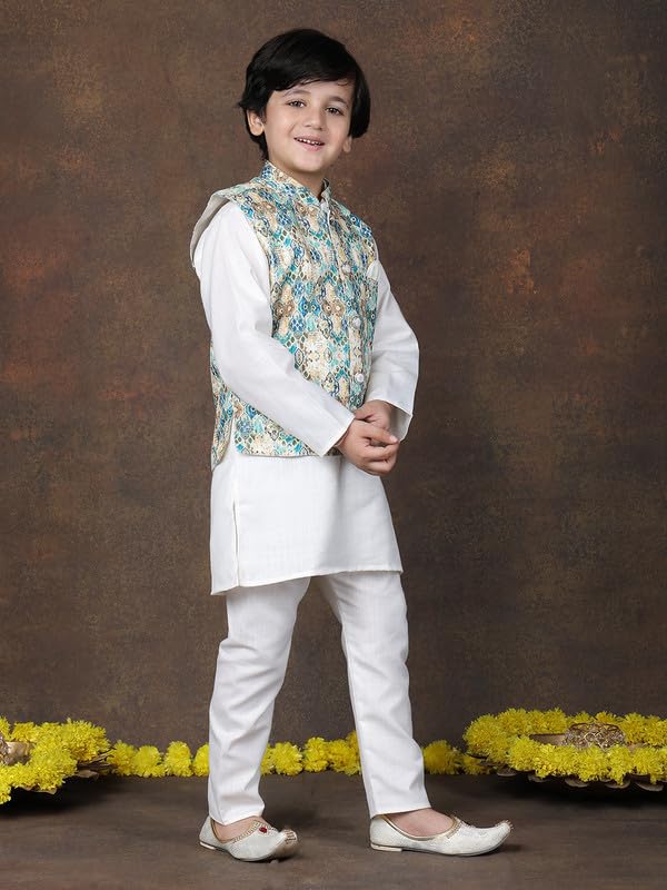 Image of superminis Boys Cotton Printed Full Sleeves Kurta Pyjama with Jacket Ethnic Wear Set