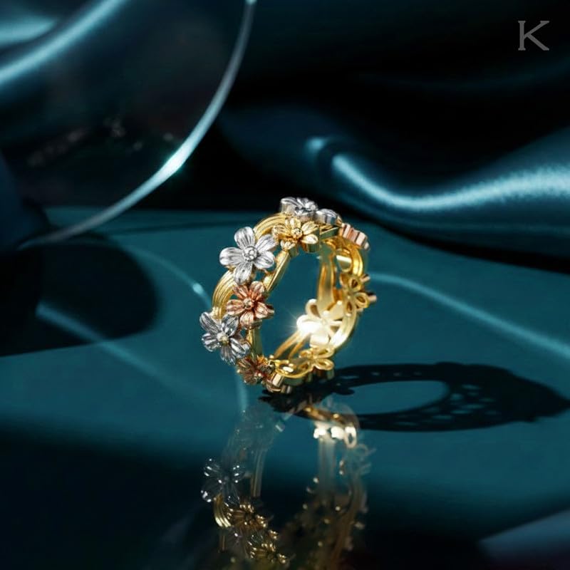Image of KISNA 9KT / 14KT / 18KT Eternal Bloom Tri Tone Yellow Gold Band For Women | S14