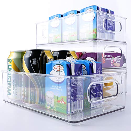 TIMART 4 Pack Organization Storage bins, Stackable Refrigerator Organizers with Handles, Plastic Storage cabinets for Freezer, Kitchen, Countertops, Pantry Food Storage Rack