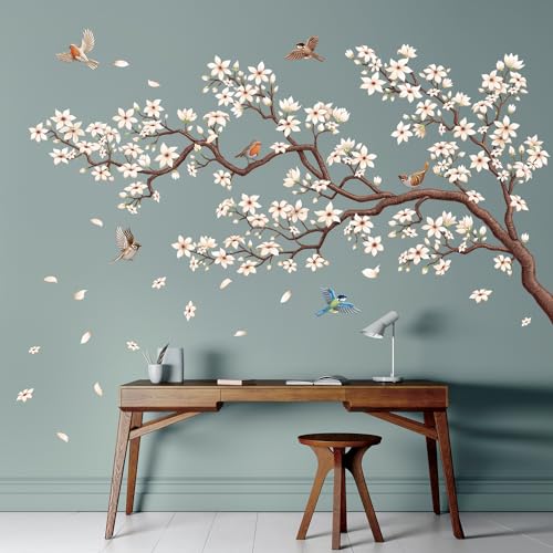 DECOWALL SG4-2317 Stickers Muraux Branche de Fleurs blanc Autocollant Mural Fleurs Arbre blanc Décoration Murale Chambre Enfants Chambre Salon