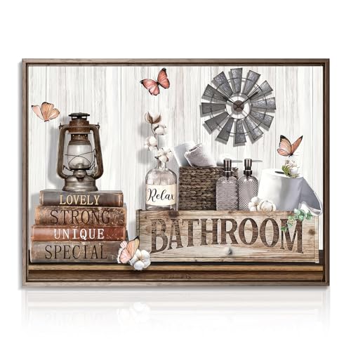 Decoración de la Pared del Cuarto de Baño de la Granja Flor de Algodón Rústica y Mariposa Arte de Pared Cuadros de Signos de Cuarto de Baño para el Hogar del Cuarto de Baño 30x40 cm Sin Marco