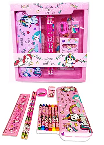 PRIME DEALS Kids Unicorn Stationary Kit for Girls Pencil Pen Book Eraser Sharpener - Stationary Kit Set for Girls/Birthday Gift (Unicorn 12 Pcs), Pink
