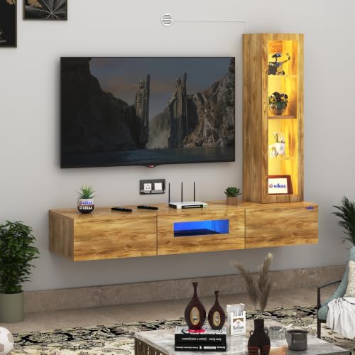 Image of Anikaa Lucen Ultra Modern Wall-Mounted TV Unit with Storage Cabinet and Light |3 Flip-Down Storage Doors, Acrylic Shelves & Engineered Wood Construction | Fits Up to 43 Inch TV | GiantWood Finish-DIY