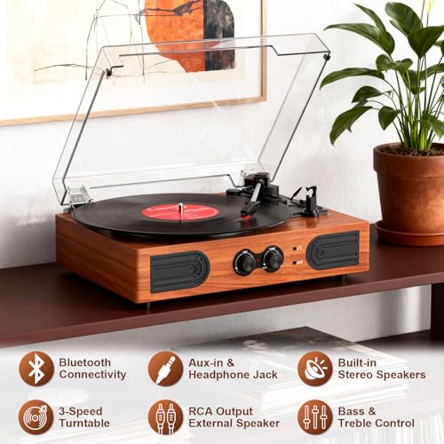 Image of Vinyl Record Player with Walnut Finish, 3-Speed Belt-Drive Turntable with Built-in Speakers, Easy Setup Record Player for Beginners, RCA /AUX /Headphone Jack, Classic Home Audio, Red Wood
