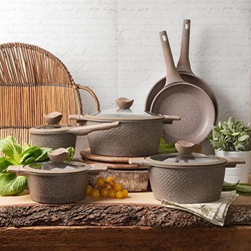 Miniatura 9 de Juego de ollas y sartenes para cocinar antiadherentes, 10 piezas, juego de utensilios de cocina de aluminio duradero, sin PFOA, juego de sartenes de