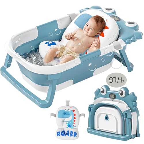 Image of Collapsible Baby Bathtub for Newborn with Soft Floating Cushion & Thermometer Perfect Portable Travel Baby Bath Tub for 0-36 Month Infants to Toddler Boy (Blue)