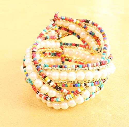 Image of Touchstone Indian Colorful Bead Bracelet Bollywood Beaten Metal Beads Openable Broad Cuff Bracelet in Gold or White Tone for Women.