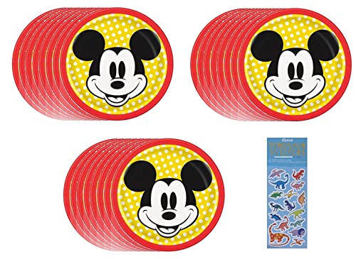 Unique Mickey Mouse Birthday Party Supplies Bundle Pack includes 24 Dessert Cake Paper Plates and 1 Dinosaur Sticker Sheet