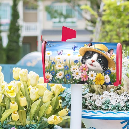 Image of Spring Summer Cat Mailbox Cover Magnetic Large Size 21 inchx25 inch Welcome Spring Daisy Flowers Decorative Mailbox Covers Farmhouse Floral Mailbox Wraps Post Letter Box Cover for Home Courtyard Garden Yard
