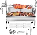 Stainless Steel Rotisserie Grill with Back Cover Guard, 25W Motor Small Pig Lamb Roaster, 48.7'' 2 in 1 BBQ Charcoal Rotisserie Grill for Camping Outdoor Kitchen (88LBS with Baffle)