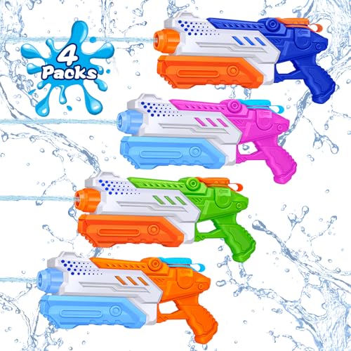 RONSTONE Pistola de Agua para Niños, Pack de 4 – Pistolas de Agua con Capacidad de 300 ml y Alcance de 25-30 Pies – Juguete de Agua para Batallas en Piscina en Verano