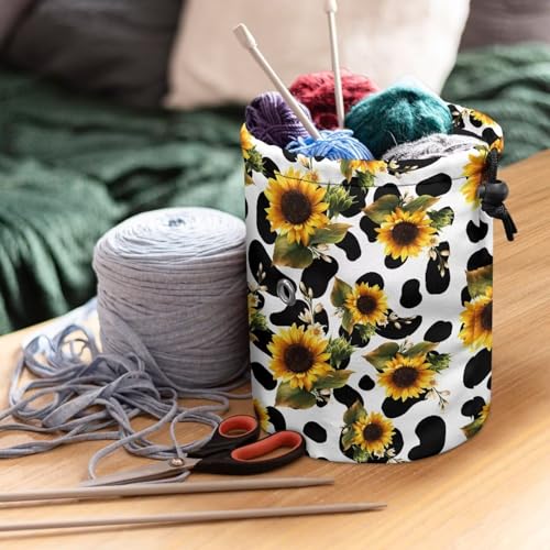Image of Sellikakes Yarn Bag Crochet Bag Organizer, Sunflower Cow Print Portable Knitting Yarn Storage Organizer for Chrocheting Project, Store Skein Ball, Short Knitting Needle