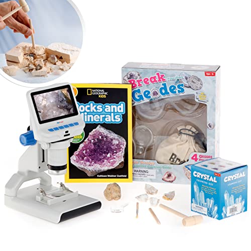 Image of IQCREW by AmScope - Natural Geode Dig Kit, 1080P HD Portable LCD Digital Color Microscope w /microSD Memory Card, Rock Specimens Set and Rocks and Minerals Book - DM140-GEO