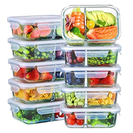 Bayco Pacote com 10 recipientes de vidro para preparação de refeições, 2 compartimentos, recipientes de vidro para armazenamento de alimentos com tampas, lancheiras de vidro herméticas, sem BPA e à