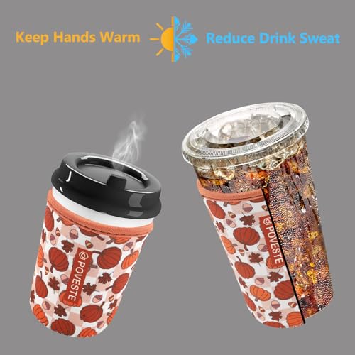 Image of Reusable Neoprene Insulator Sleeve for Iced Coffee & Cold Soda, Coffee Sleeves for Iced & Hot Drinks, Cold Beverage Cooler Compatible with Starbucks, Dunkin (Checkerboard Pumpkin, Large: 32oz)