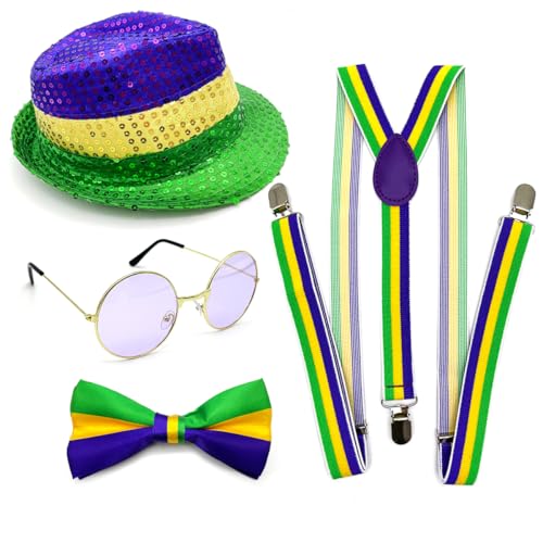 Yxtwaeh 4 Packs Mardi Gras Costume Accessories Sequin Hat Bow Tie Sunglasses Suspenders for Men and Women Halloween Carnival Party Multicolor