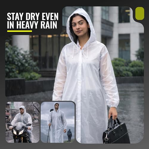 Image of Robustt EVA Reusable Raincoat with Hood (Transparent) - Pack of 2 | Elasticated Full Sleeves Outdoor Waterproof Raincoat for Men & Women | Rainwear | Button Closure | Knee Length | Universal Fit