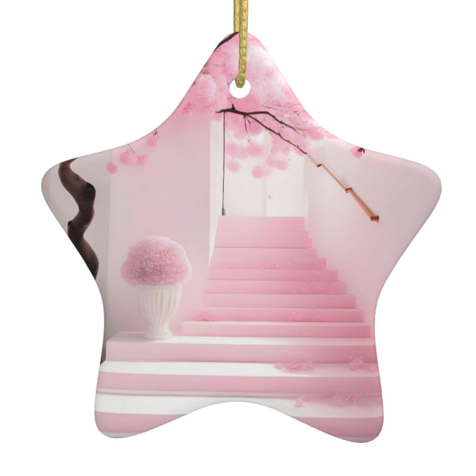 Pink Cherry Blossom Staircase Christmas Ceramic Star Pendant with Punched Holes and Gold Wire Rope, Christmas Tree Home Decoration