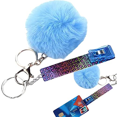 Card Grabber Keychain Pom Pom Ball for Long False Nails Pulling from ATM Credit Card Clip Puller (Acrylic, Leopard Print)
