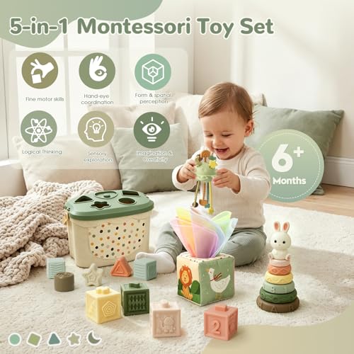 Image of Baby Toys for 6 to 12 Months, Montessori Toys for 6-8-9-12 Month Old | Shape Sorter, Baby Blocks, Learning Developmental Sensory Toys, Baby Tissue Box, Gifts for 6-36 Months Girls Boys Infant Toys