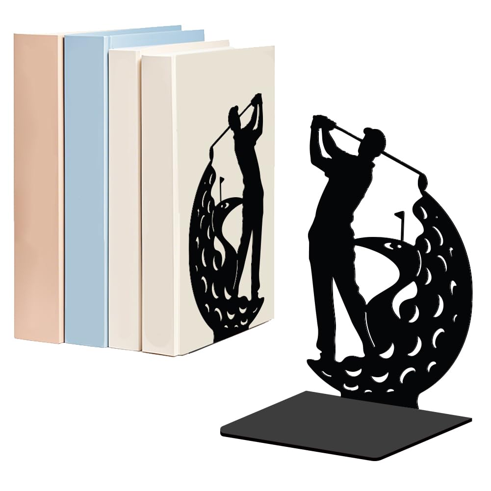 WADORN 1 Pair A People Playing Golf Metal Decorative Bookend for Shelves, Heavy Duty Book Ends Modern Non-Skid Books Holder Stand Black Book Support Stoppers for Office Desk Bookshelf, 5.3x4.3x7.8in