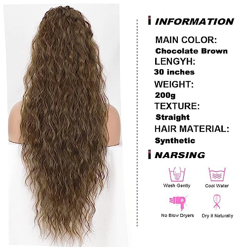 PORSMEER Ponytail Extension Brown Long Curly Drawstring Clip in Pony Hair Extension Synthetic Water curl Pony Tail Hairpiece for Women - Image 2