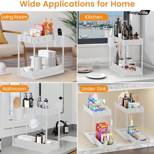Image of Under Sink Organizers and Storage, Kitchen Bathroom Sink Organizer with Hooks, 2 Tier Under Sink Cabinet Basket Storage Shelf with Sliding Drawers (1, White)