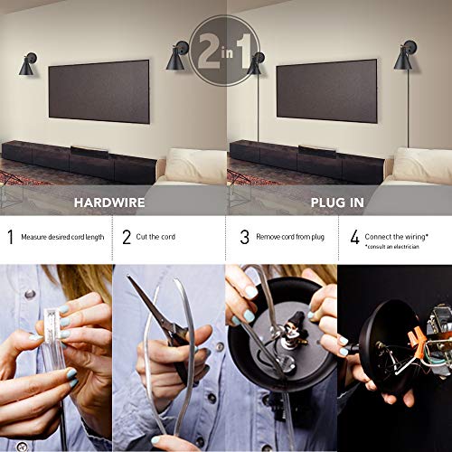 Image of Globe Electric 51725 1-Light Dimmable Plug-in or Hardwire Wall Sconce, Matte Black, Faux Walnut Accent, Stepless Dimming Rotary Switch on Canopy, Black Fabric Cord, Bulb Not Included