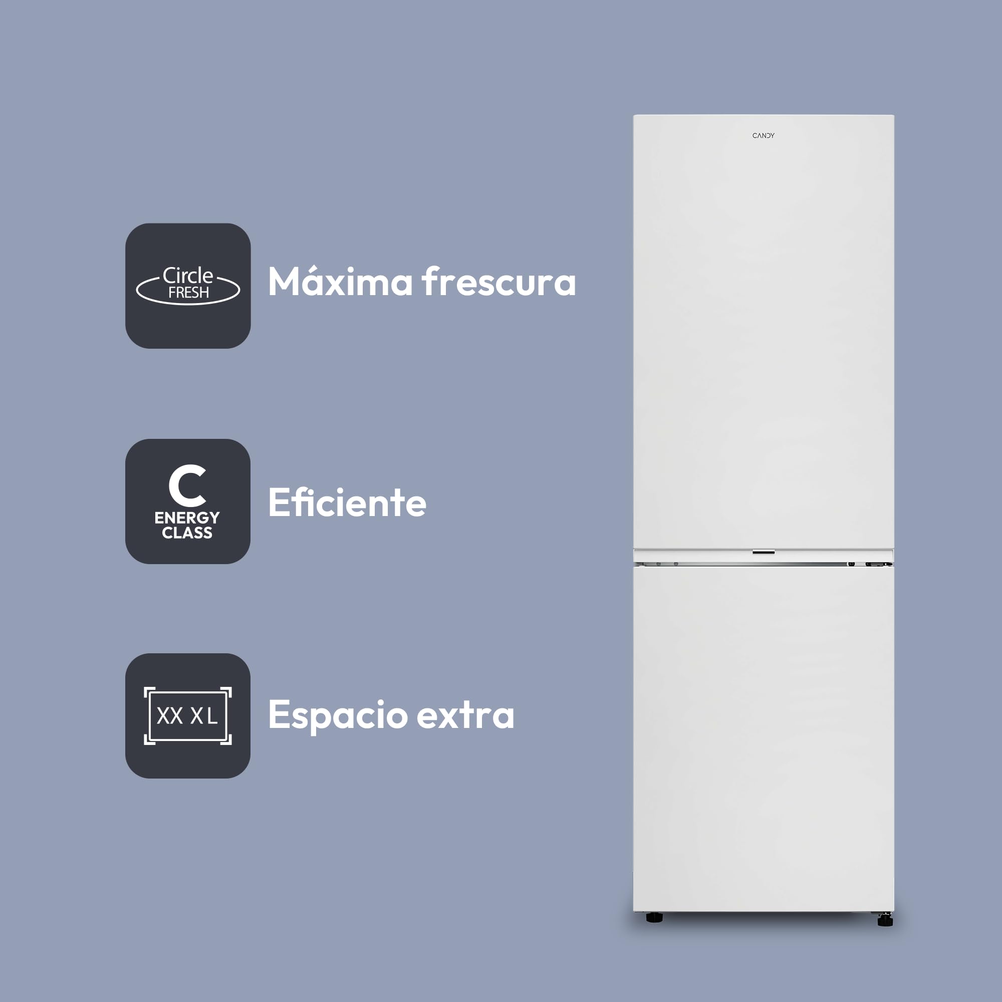 Candy Fresco 300 CNCQ2T618CW, Frigorífico Combi, Capacidad 355L, Total No Frost Circle+, Cajón Verdulero, Control Electrónico de temperatura, 60x185cm, Iluminación LED, Puerta Reversible, 38DB, Blanco