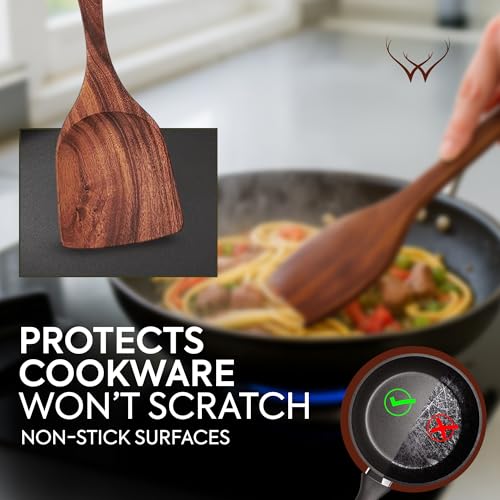 Image of 7 Pc Teak Wooden Kitchen Utensils - Handcrafted Wooden Cooking Utensils Set with Holder, Elegant Wooden Spoons for Cooking & Timeless Utensil Set for Daily Use - Teak Utensils Set for Cooking