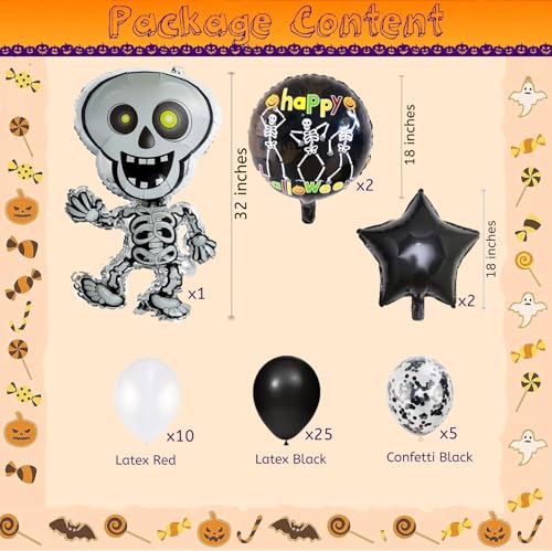 Image of AMFIN (Pack of 45) Happy Halloween Party, Skeleton Ghost Foil Balloons - White, Black