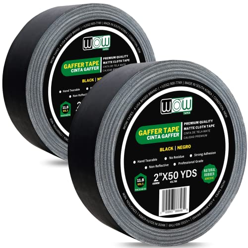 Wow Gaffers Tape 2 Inch Black - 50 Yards (Pack Of 2), Residue Free, Non-Reflective & Heavy-Duty - Professional Grade Gaff Tape - Ideal For Photography Backdrop, Cables, Cords & Floor Taping #TOP16