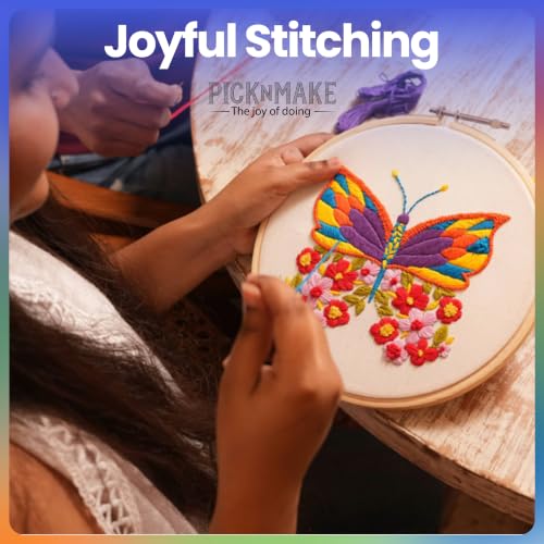 Image of picknMAKE Cross Stitch Embroidery Kit Combo Pack for Beginners & Adults - Includes 3 Unique Designs, Hoop, Printed Fabric, Threads, Needles, Cutter, and Instructions -Craft Hobby, Multicolor
