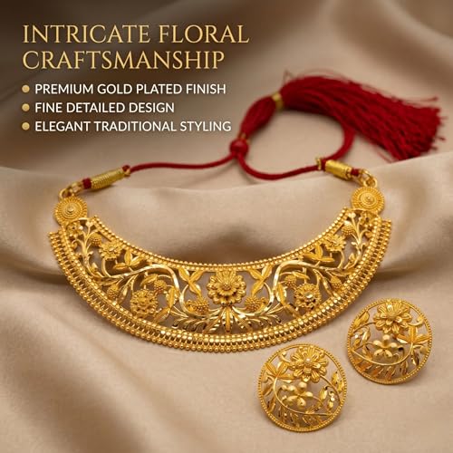 Image of Gold Plated Floral Choker Necklace Set for Women with Earrings
