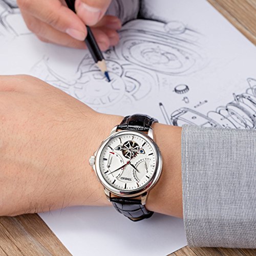TIME100 Men's Automatic Watch Navigator-Series Tourbillon-Style Dual Time Zone Leather Strap Business Calendar Mechanical Watch Black White — view 3
