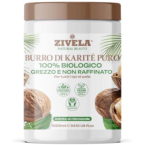 Zivela Burro di karité biologico, non raffinato, 100% puro, vegano, trattamento naturale per il corpo con burro di karité, burro liscio di noci di karité adatto a tutti i tipi (1000ml)