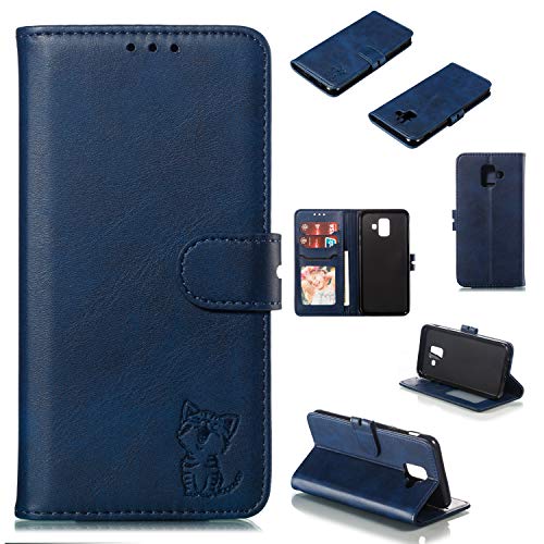 Robinsoni Case Compatible with Samsung Galaxy A6 2018 Retro Leather Wallet Cover with Card Holder Slots Cat Printed Folio Flip Book Cover TPU Silicone Inner Case Kickstand Magnetic Closure Case, Blue