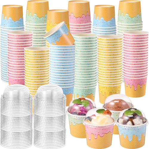 Image of Jingmore 160 Count Paper Ice Cream Cups with Clear Dome Lids Disposable Dessert Cups Bulk Dessert Bowls Sundae Containers for Snack Yogurt Soup Birthday Ice Cream Party Supplies (6 oz)