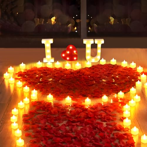 Lot de 1027 lettres lumineuses «I Love U» avec 24 bougies en forme de cœur sans flamme, 1000 pétales de rose pour propositions de mariage, décoration romantique de...