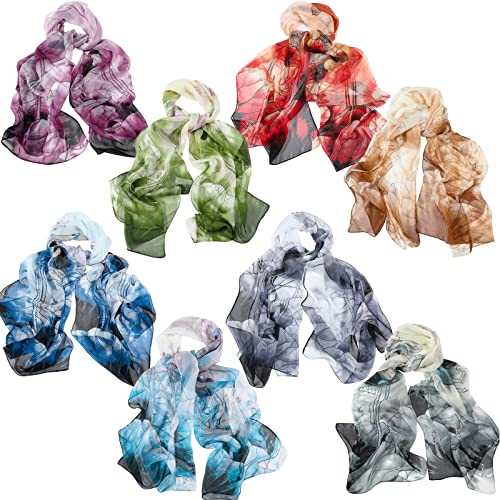 Xtinmee 8 Pcs Lightweight Summer Scarfs for Women Ultra Thin Scarves Floral Pattern Dressy Scarf Lotus Print Long Chiffon Georgette Thin Shawl Scarves Women Holiday Gifts Present Head Neck Hair Wrap - Main Image