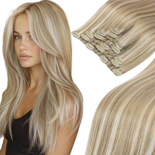 MEI YUAN LIN Hair Extensions Real Human Hair Highlights Remy Clip In Extensions Light Blonde Highlighted Golden Blonde Silky Straight 16inch 7pcs 120g