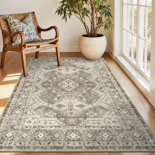 Rugland 3x5 Rug - Stain Resistant Washable Rug, Anti Slip Backing Rugs for Living Room, Vintage Tribal Area Rugs (TPR07-Ivory, 3'x5')