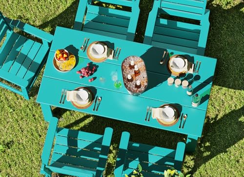 Image of GREENVINES Outdoor Dining Table | 67'' | HDPE | Rectangle Tables for 6 | All-Weather | Umbrella Hole | Patio Furniture | for Poolside Backyard Garden | Aqua