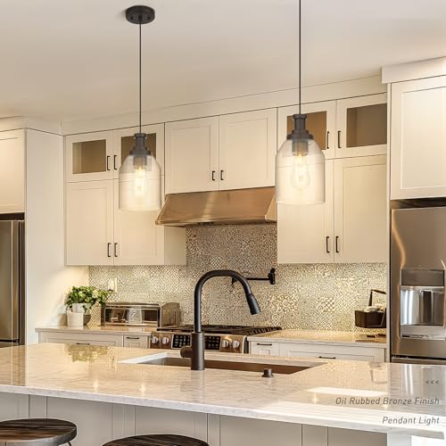 Image of zeyu 2 Pack Farmhouse Hanging Pendant Lights Kitchen, Large Kitchen Pendant Lighting Over Island, Clear Glass Shade, Oil Rubbed Bronze Finish, ZG33M1L-2L ORB