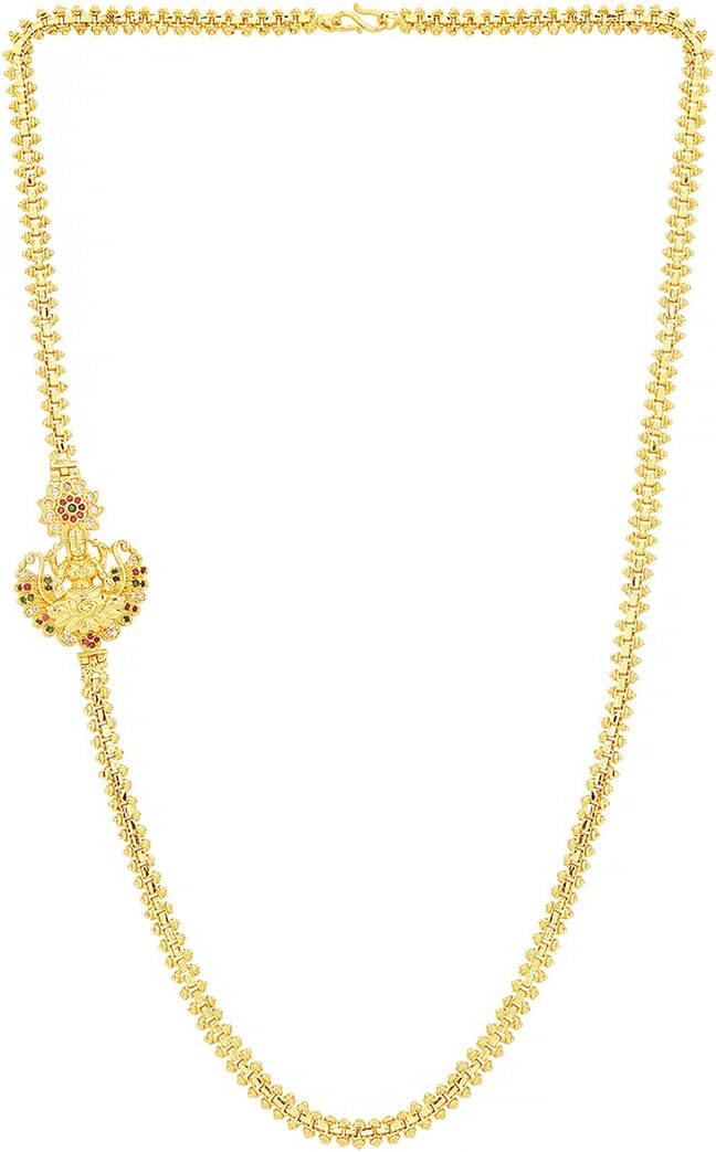 Yellow Chimes Classic AD/American Diamond Studded Gold Plated Necklace Lakshmi Peacock Mugappu Mopu Chain Thali chain Design with side Mugappu for Women and Girls……