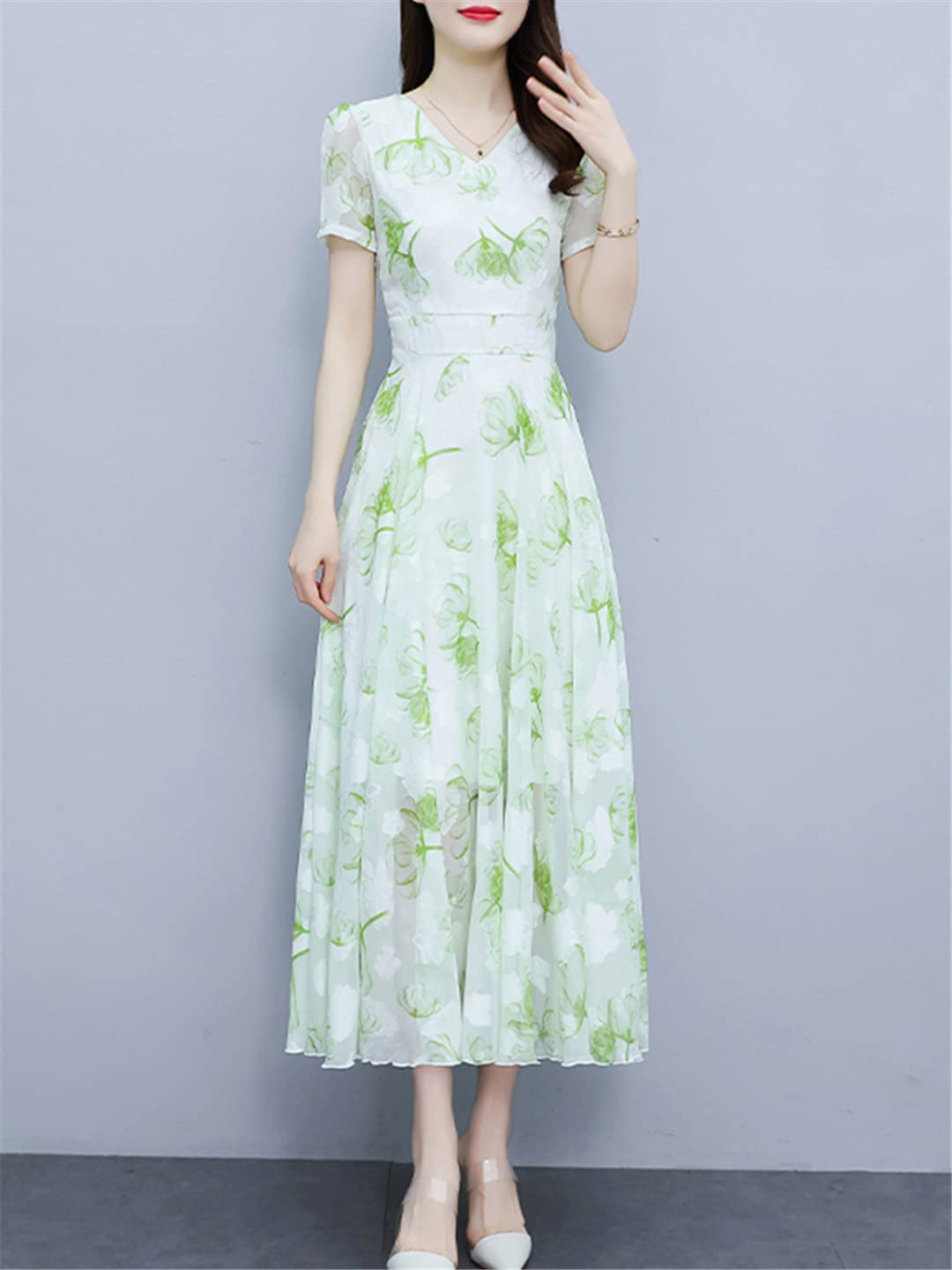 Abito midi casual floreale estivo da donna, elegante, in chiffon, lungo, formale, da sera
